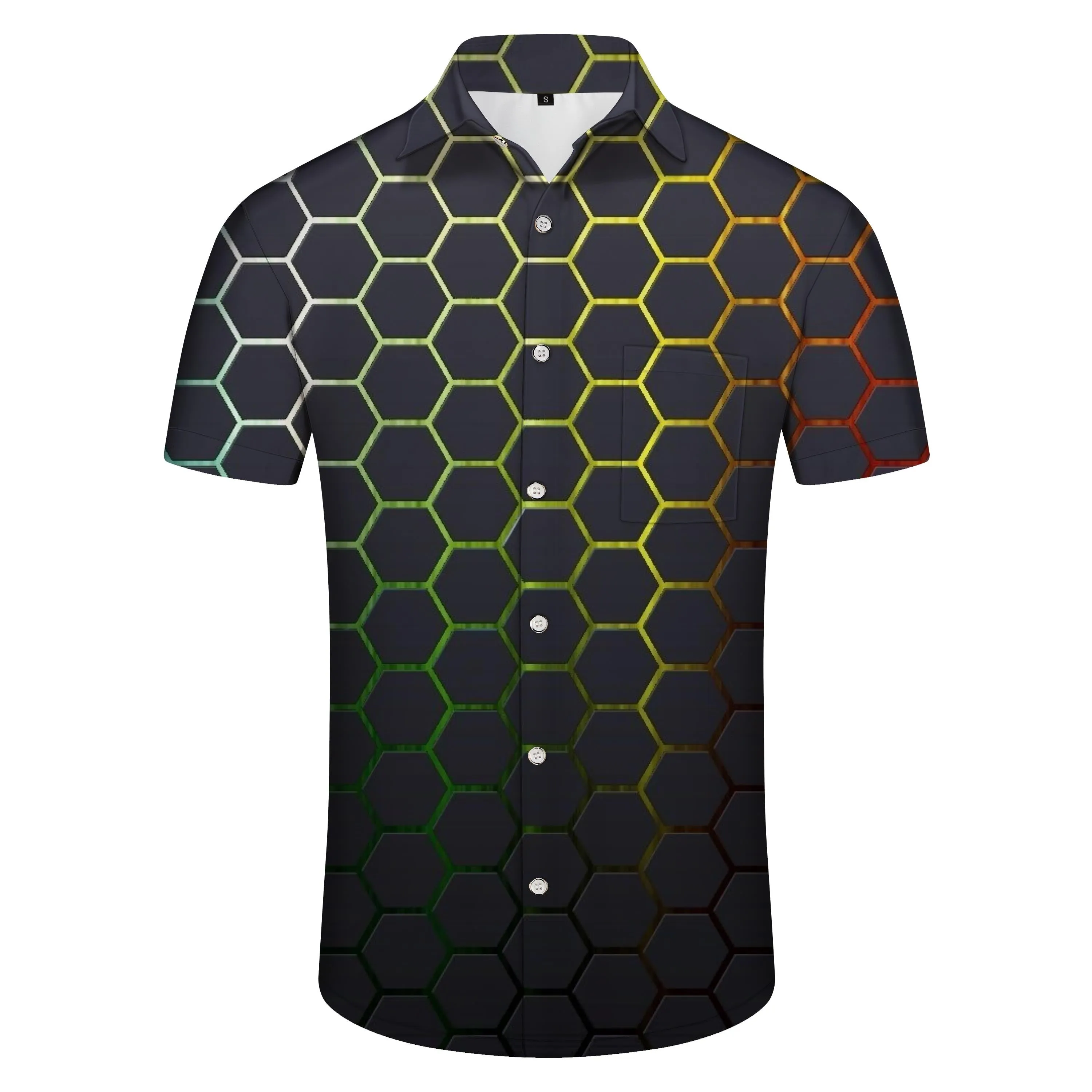 Fish Fillet Abstract Hawaiian Casual Men's Button Print Short Sleeve Beachwear Geometric Shirt Black