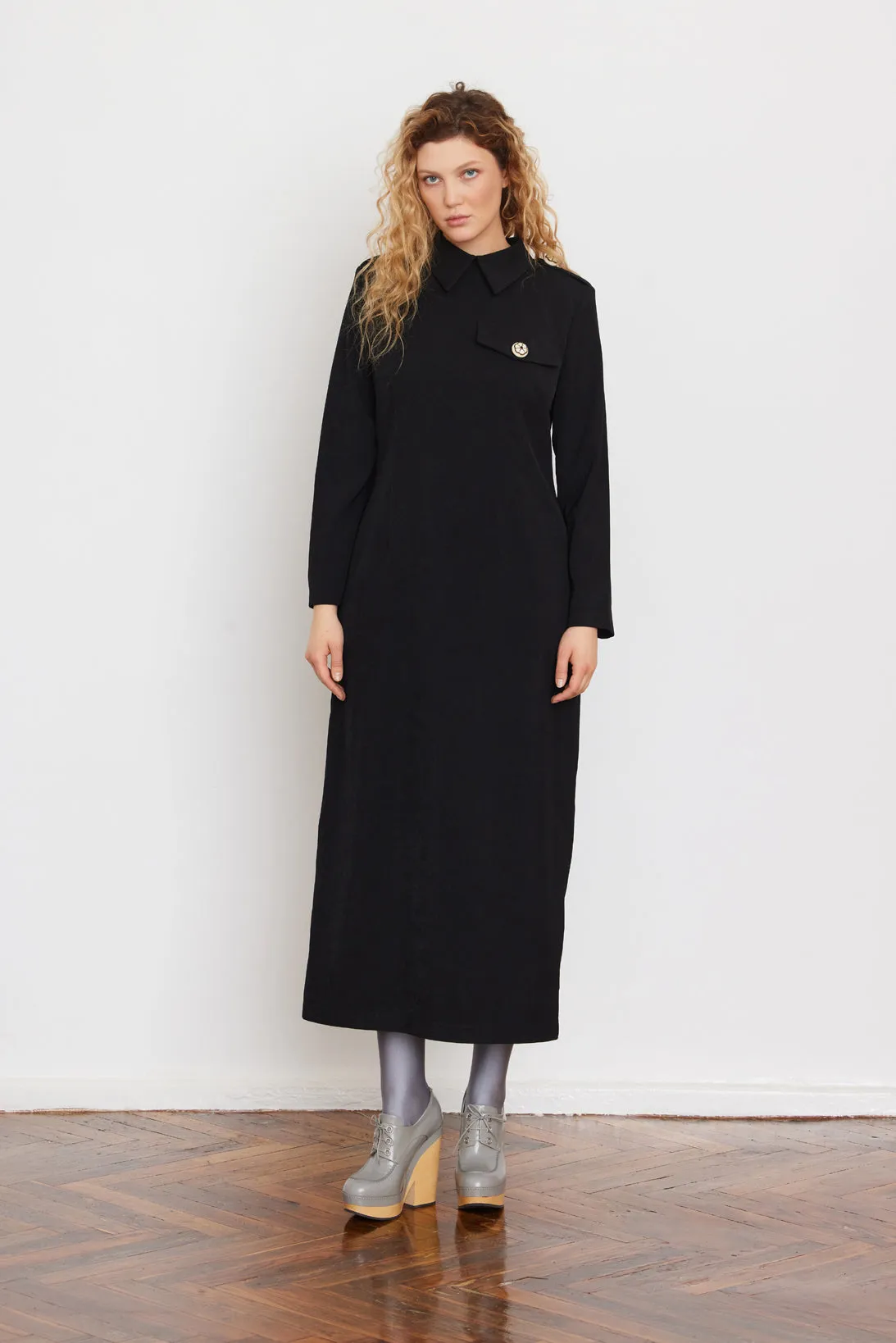 Fitted Long Sleeve Dress With Stand-Up Collar Black