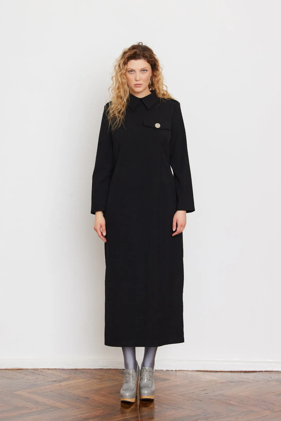 Fitted Long Sleeve Dress With Stand-Up Collar Black