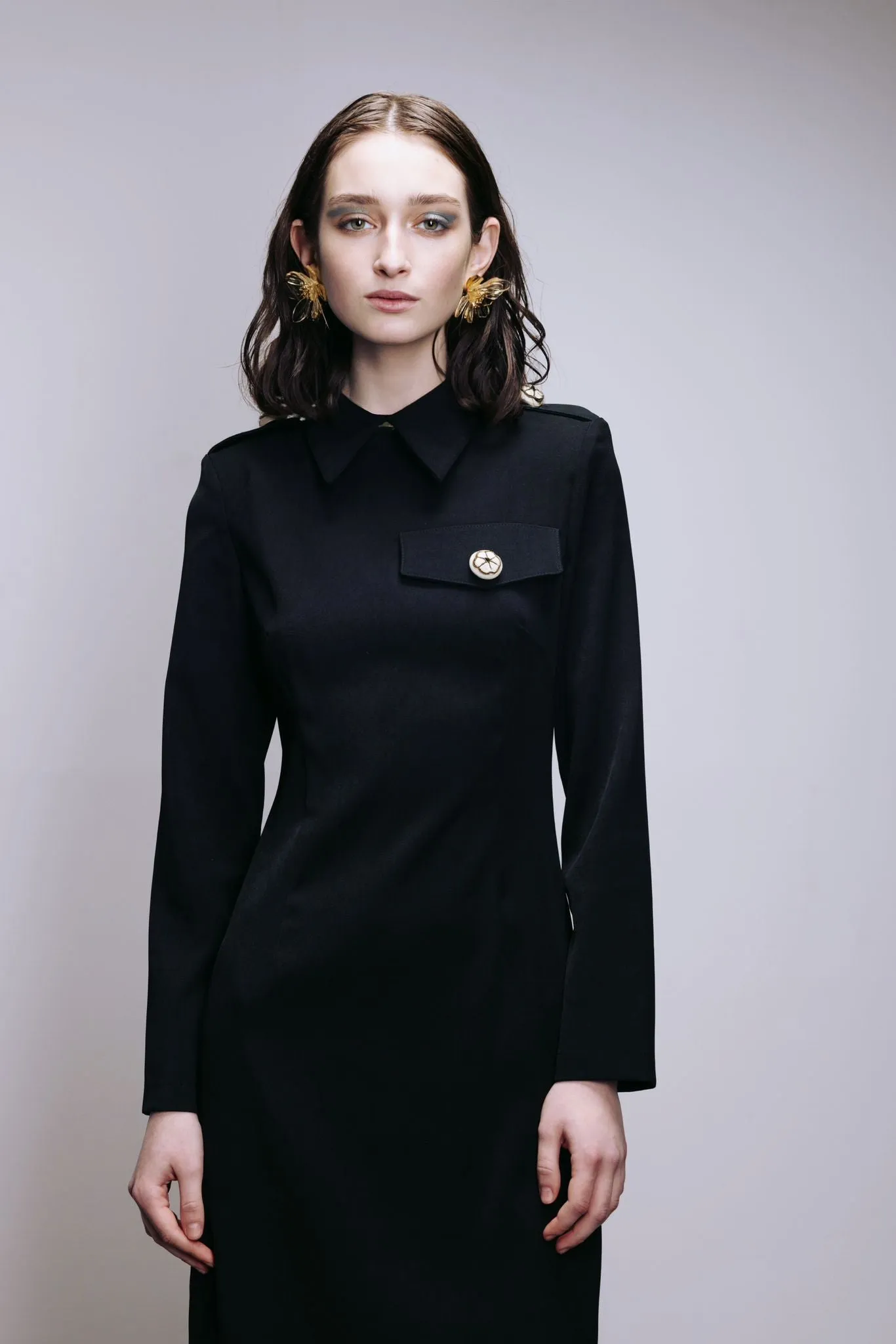 Fitted Long Sleeve Dress With Stand-Up Collar Black