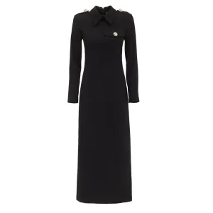 Fitted Long Sleeve Dress With Stand-Up Collar Black