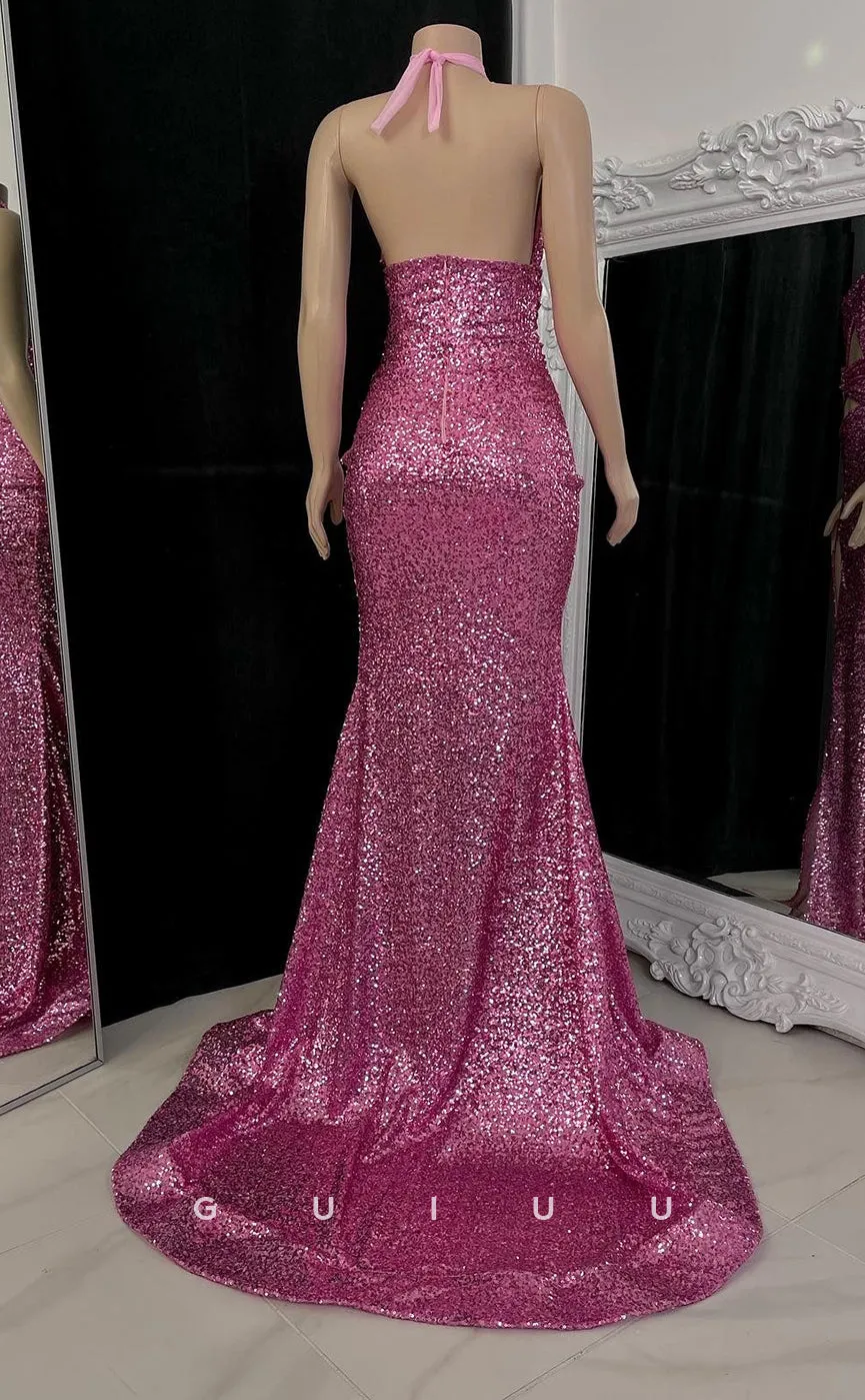 G2759 - Chic & Modern Fitted Glitter Sequins Halter Long Night Prom Evening Dress