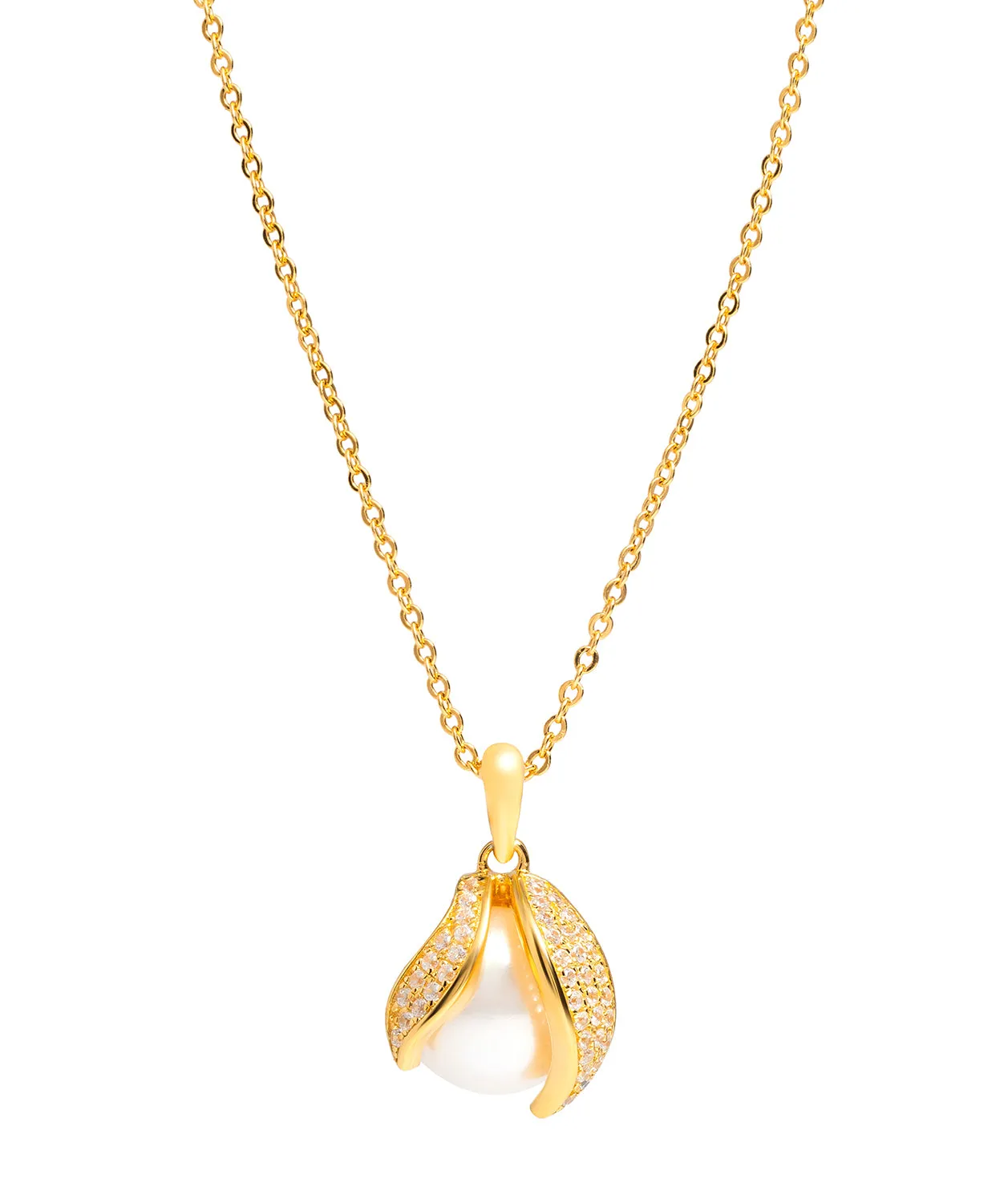 Gift Packaged 'Romero' 18ct Yellow Gold Plated 925 Silver Cubic Zirconia Swirl & Freshwater Pearl Pendant Necklace