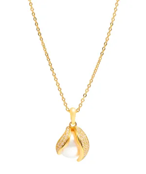 Gift Packaged 'Romero' 18ct Yellow Gold Plated 925 Silver Cubic Zirconia Swirl & Freshwater Pearl Pendant Necklace