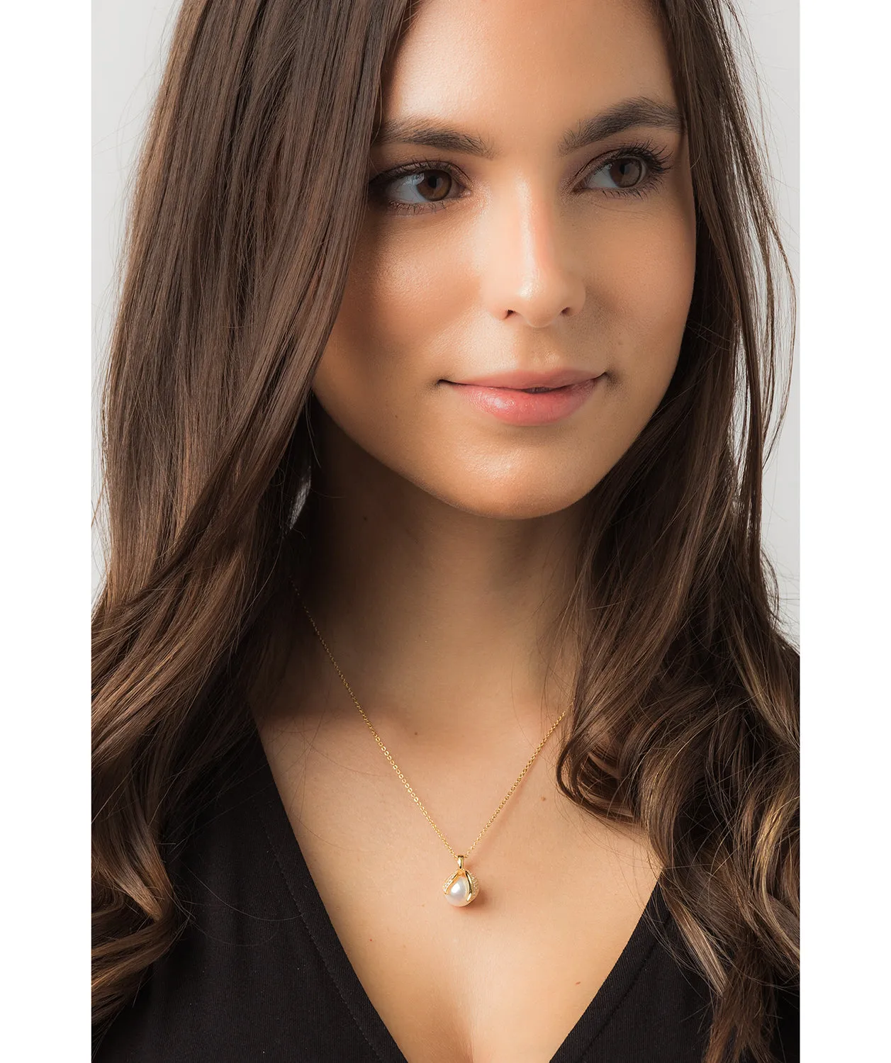 Gift Packaged 'Romero' 18ct Yellow Gold Plated 925 Silver Cubic Zirconia Swirl & Freshwater Pearl Pendant Necklace