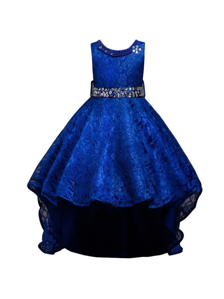 Girls Multi Color Beaded Full Lace Hi-Low Flower Girl Dress 4-14