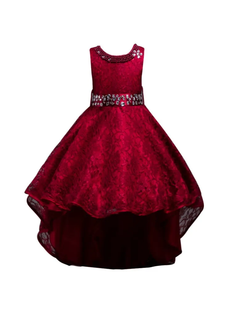 Girls Multi Color Beaded Full Lace Hi-Low Flower Girl Dress 4-14