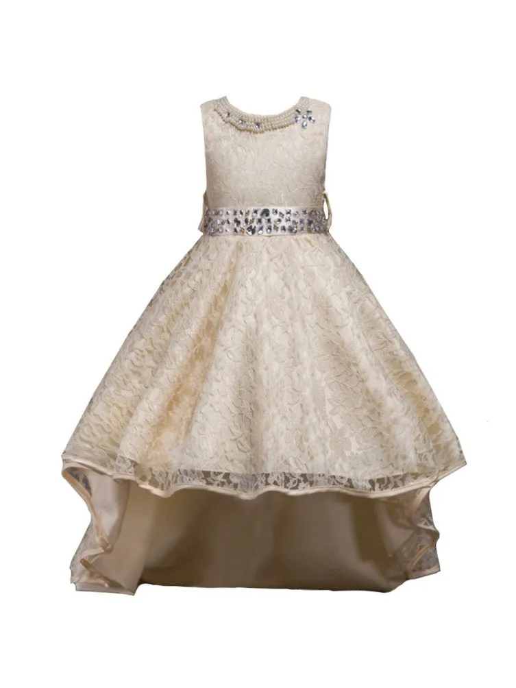 Girls Multi Color Beaded Full Lace Hi-Low Flower Girl Dress 4-14