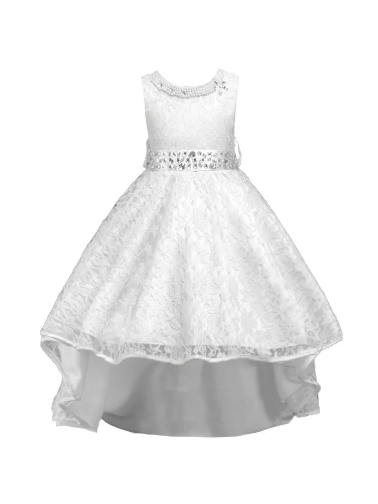 Girls Multi Color Beaded Full Lace Hi-Low Flower Girl Dress 4-14