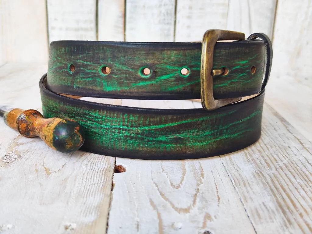 Green Leather Mens Belt - Personalizable Genuine Accessory for Everyday Wear with Bronze Buckle