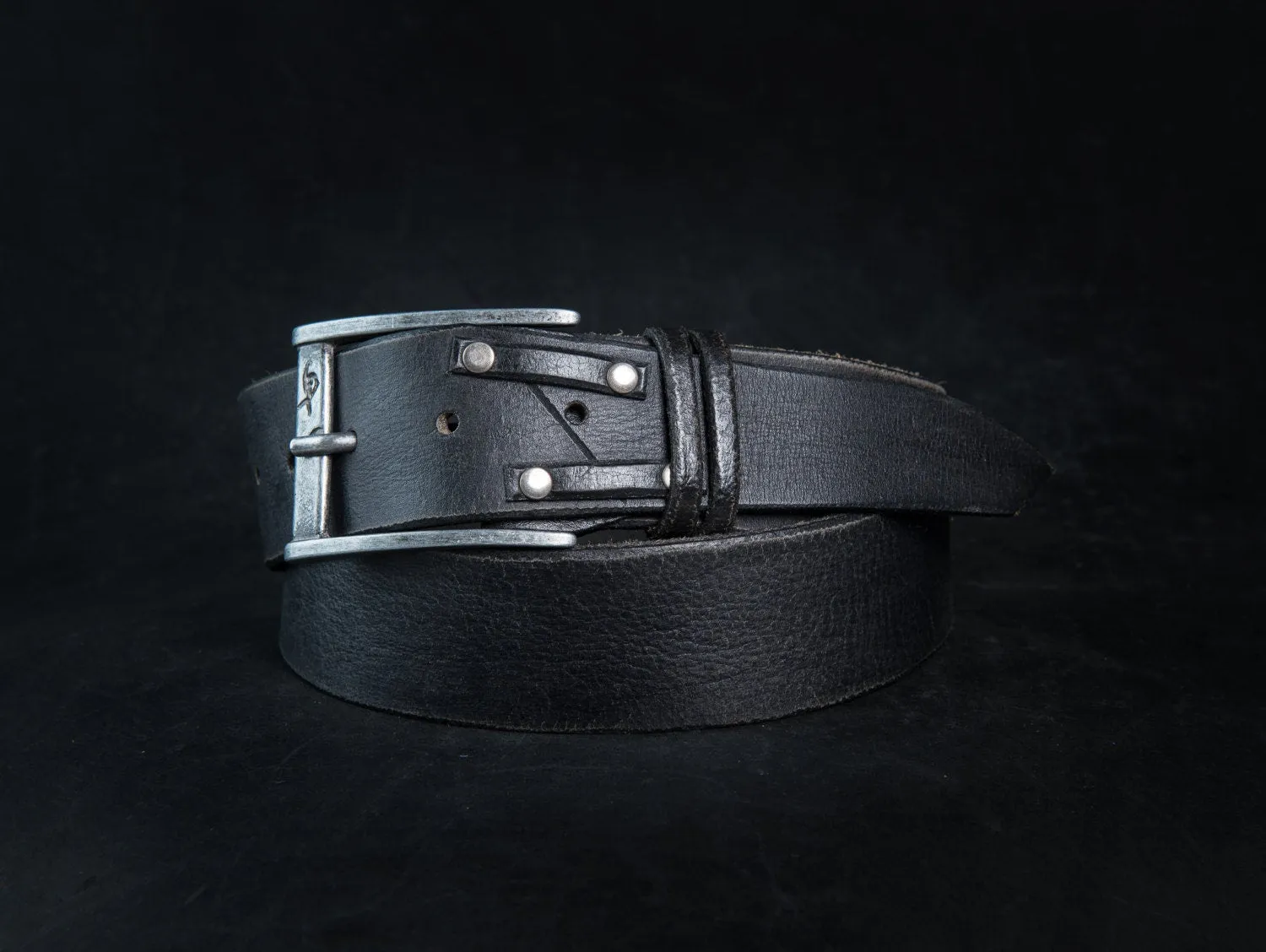 Handmade Black Leather Belt with Unique Cutting Design - Silver Rivets - Stylish Accessory - Ishaor