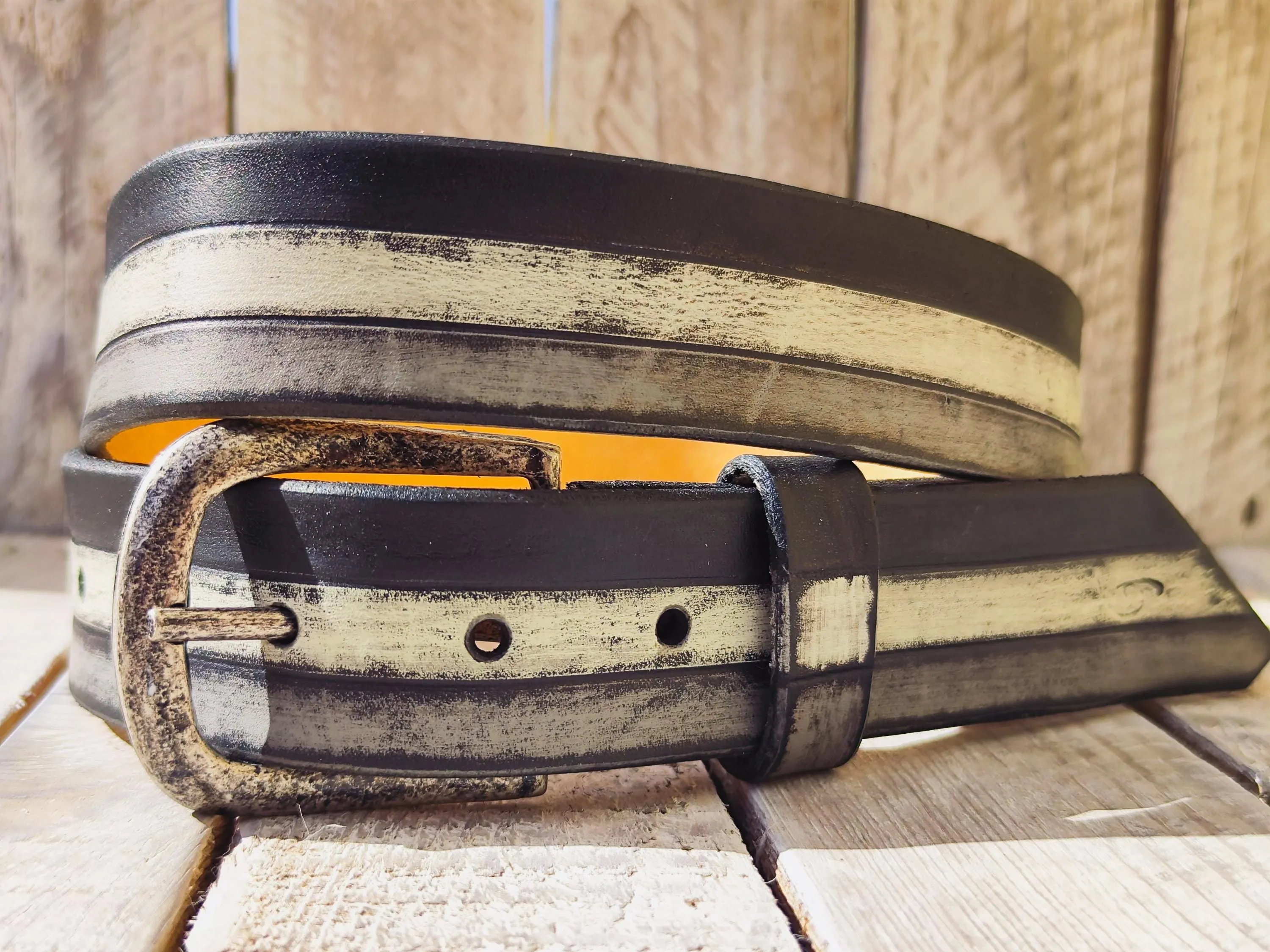 Handmade Leather Belt with Classic Black Grey and White Stripes - Stylish Durable Unisex Buckle for Men and Women - Unique Leather Product