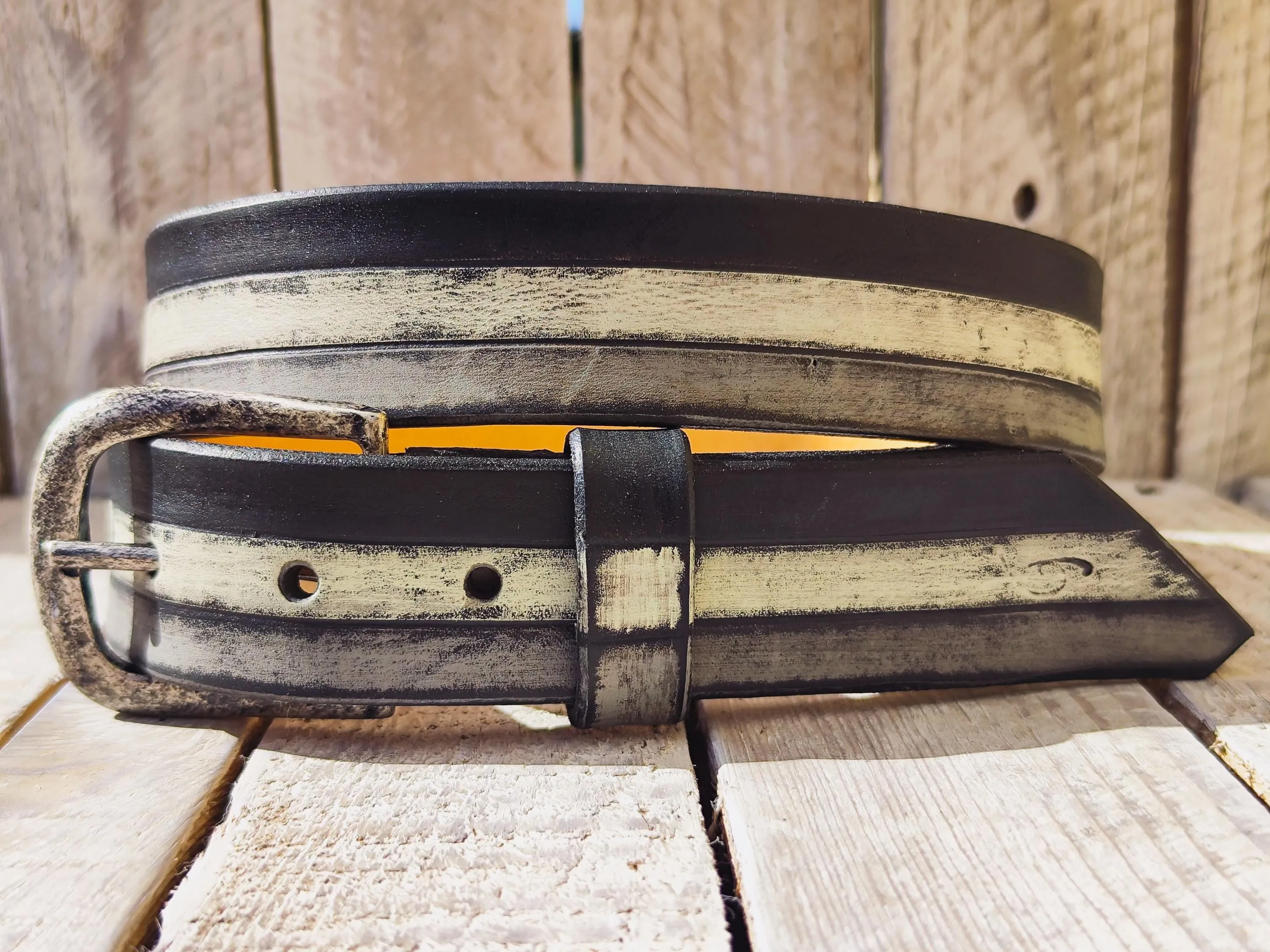 Handmade Leather Belt with Classic Black Grey and White Stripes - Stylish Durable Unisex Buckle for Men and Women - Unique Leather Product