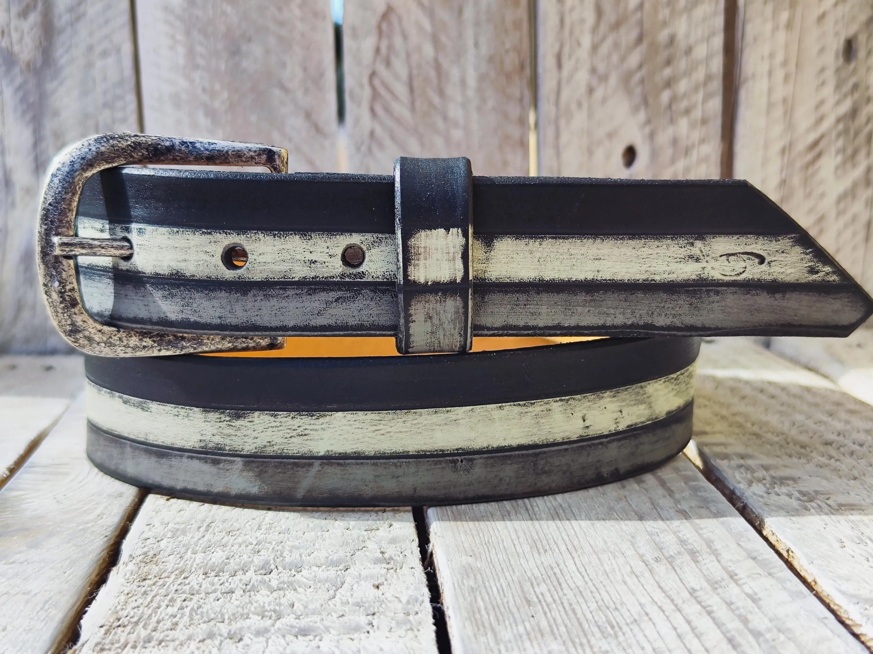 Handmade Leather Belt with Classic Black Grey and White Stripes - Stylish Durable Unisex Buckle for Men and Women - Unique Leather Product