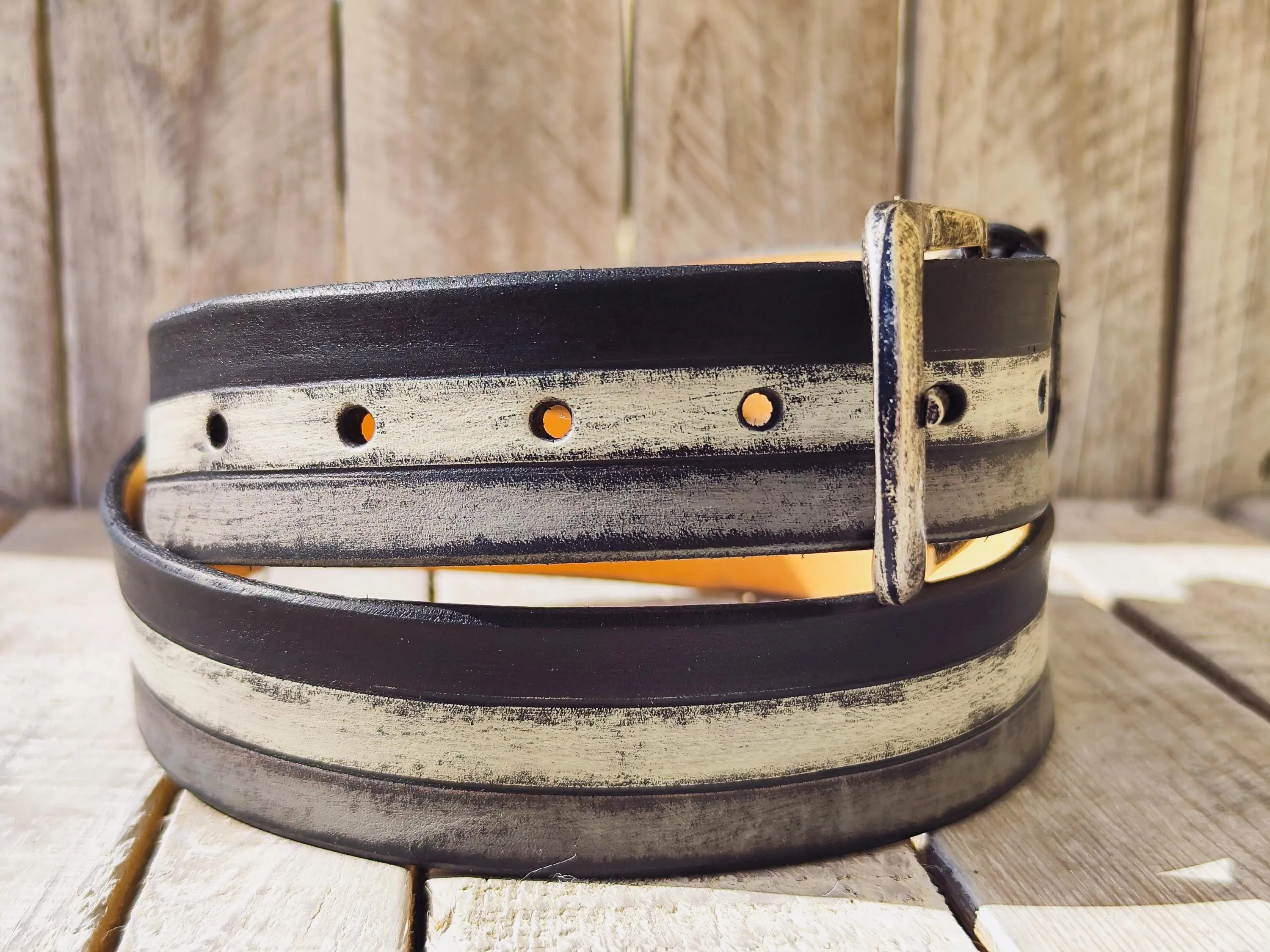 Handmade Leather Belt with Classic Black Grey and White Stripes - Stylish Durable Unisex Buckle for Men and Women - Unique Leather Product