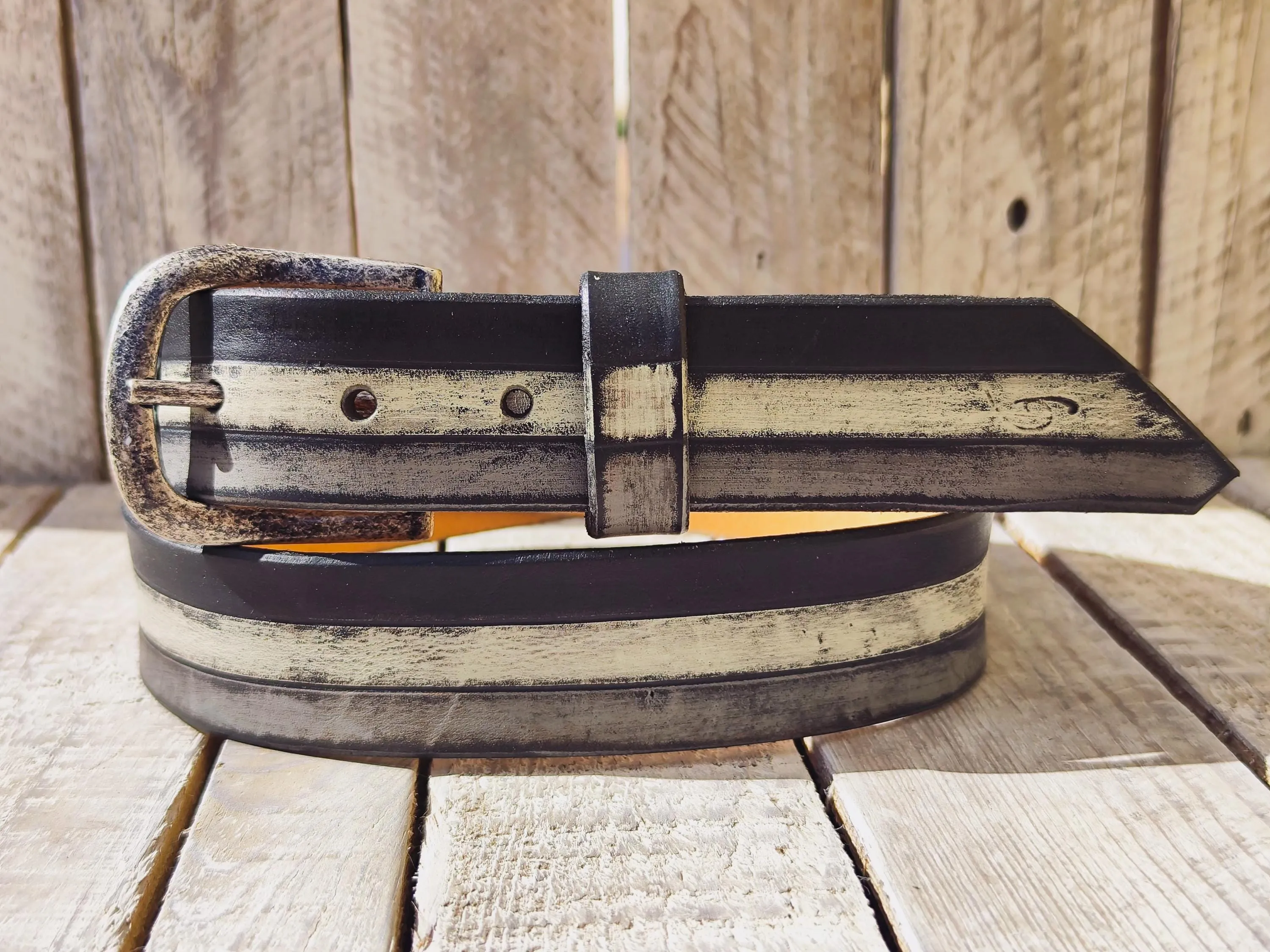 Handmade Leather Belt with Classic Black Grey and White Stripes - Stylish Durable Unisex Buckle for Men and Women - Unique Leather Product