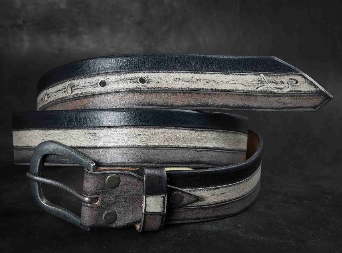 Handmade Leather Belt with Classic Black Grey and White Stripes - Stylish Durable Unisex Buckle for Men and Women - Unique Leather Product