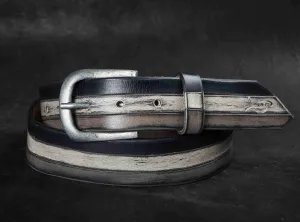 Handmade Leather Belt with Classic Black Grey and White Stripes - Stylish Durable Unisex Buckle for Men and Women - Unique Leather Product