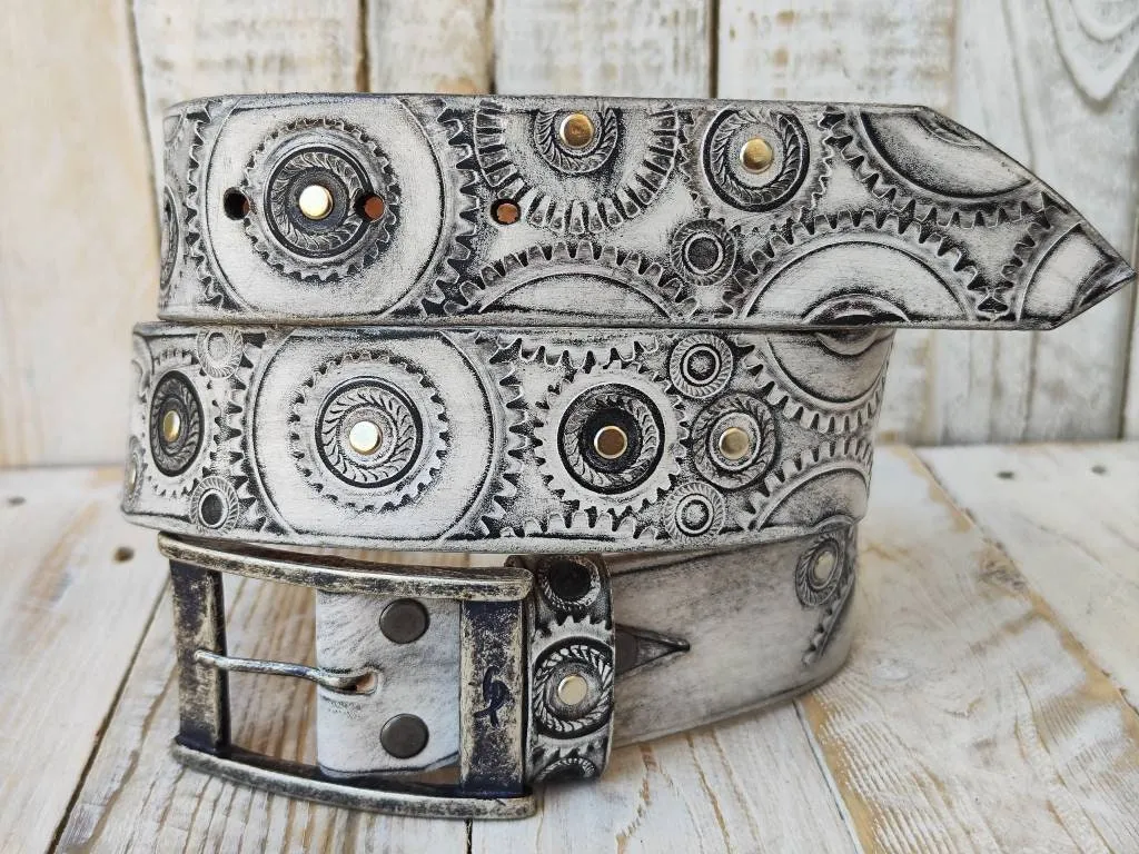 Ishaor Biker Style White Leather Belt with Black wash and Motorcycle Buckle - Customizable and Unique Mens Fashion Accessory