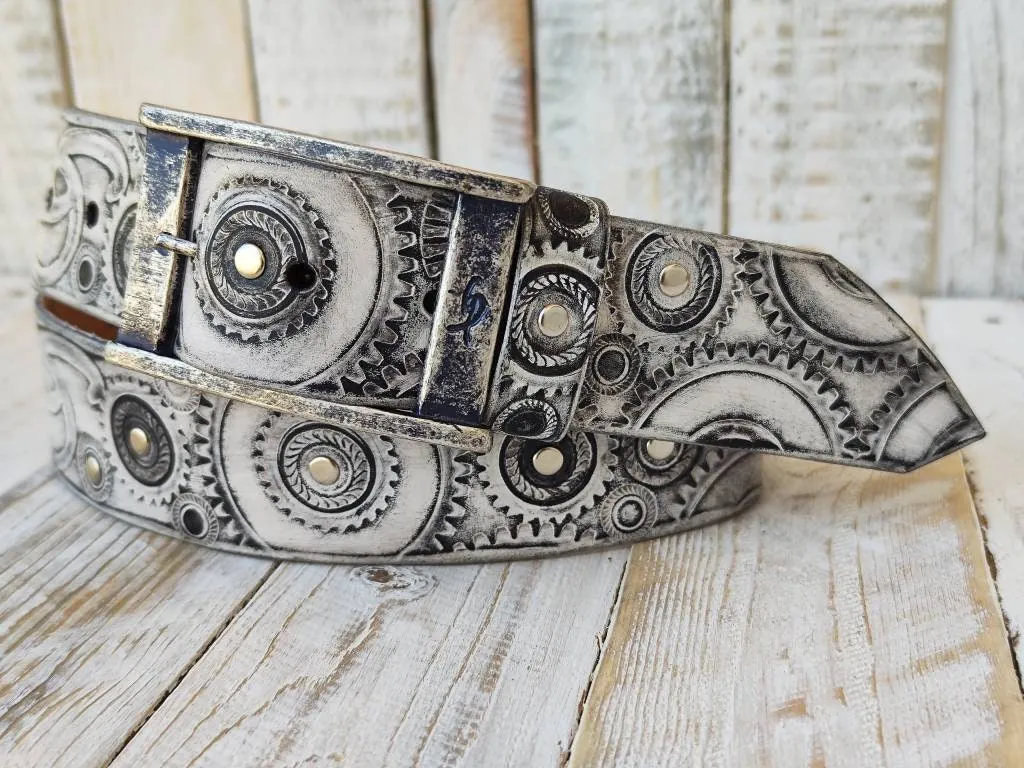 Ishaor Biker Style White Leather Belt with Black wash and Motorcycle Buckle - Customizable and Unique Mens Fashion Accessory