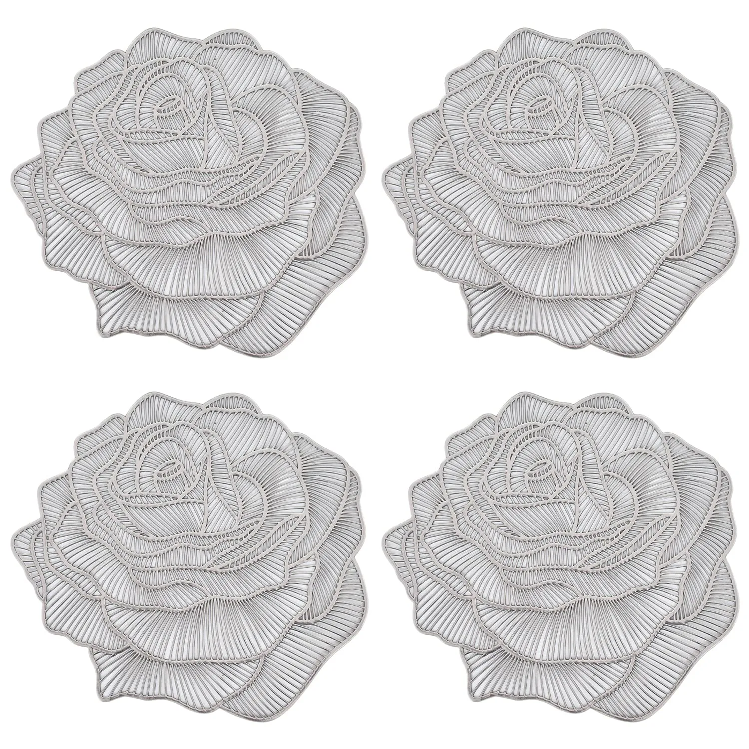 Kuber Industries Rose Design Soft Leather Table Mats, Dining Table Mats, Set of 4 (Silver)-50KM01297