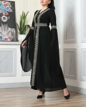 Light Black and Silver Open Abaya with Half Zipper Details