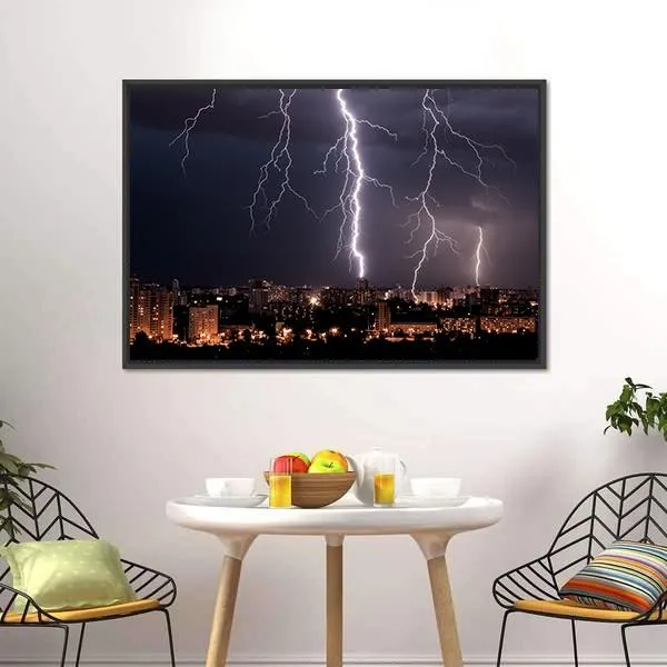 Lightning Storm Over City Canvas Wall Art