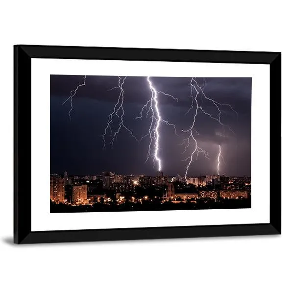 Lightning Storm Over City Canvas Wall Art