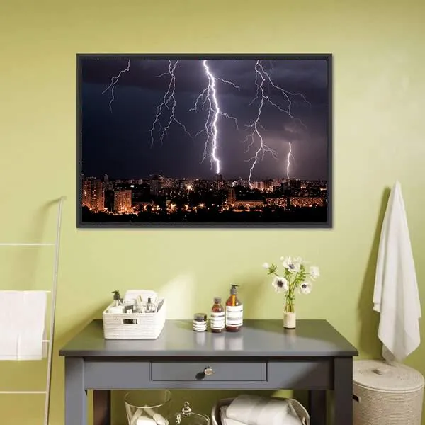 Lightning Storm Over City Canvas Wall Art