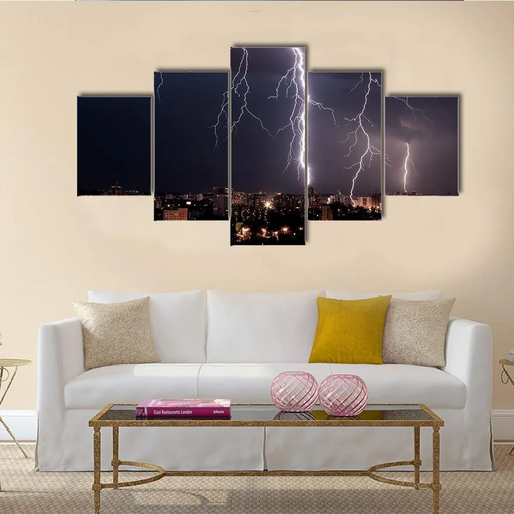 Lightning Storm Over City Canvas Wall Art