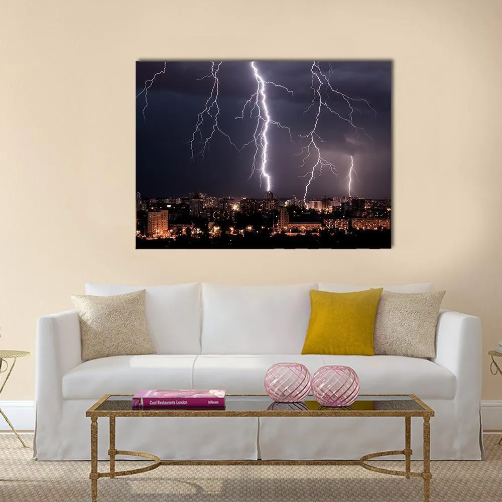 Lightning Storm Over City Canvas Wall Art