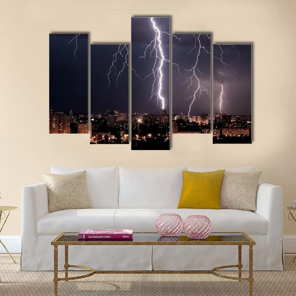 Lightning Storm Over City Canvas Wall Art