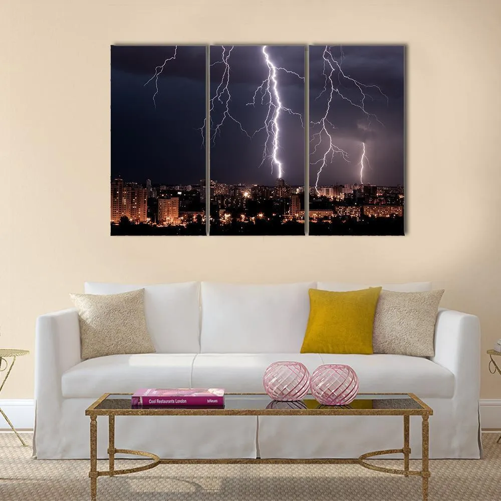 Lightning Storm Over City Canvas Wall Art