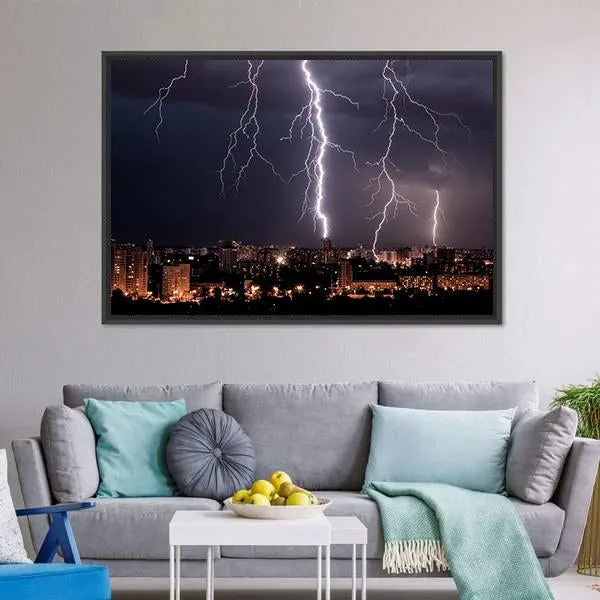 Lightning Storm Over City Canvas Wall Art