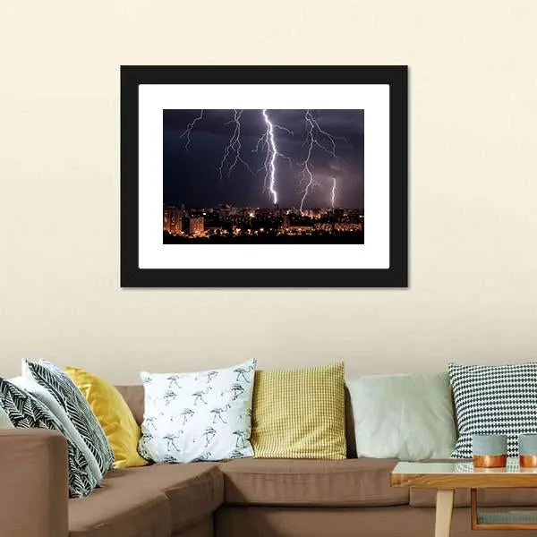 Lightning Storm Over City Canvas Wall Art