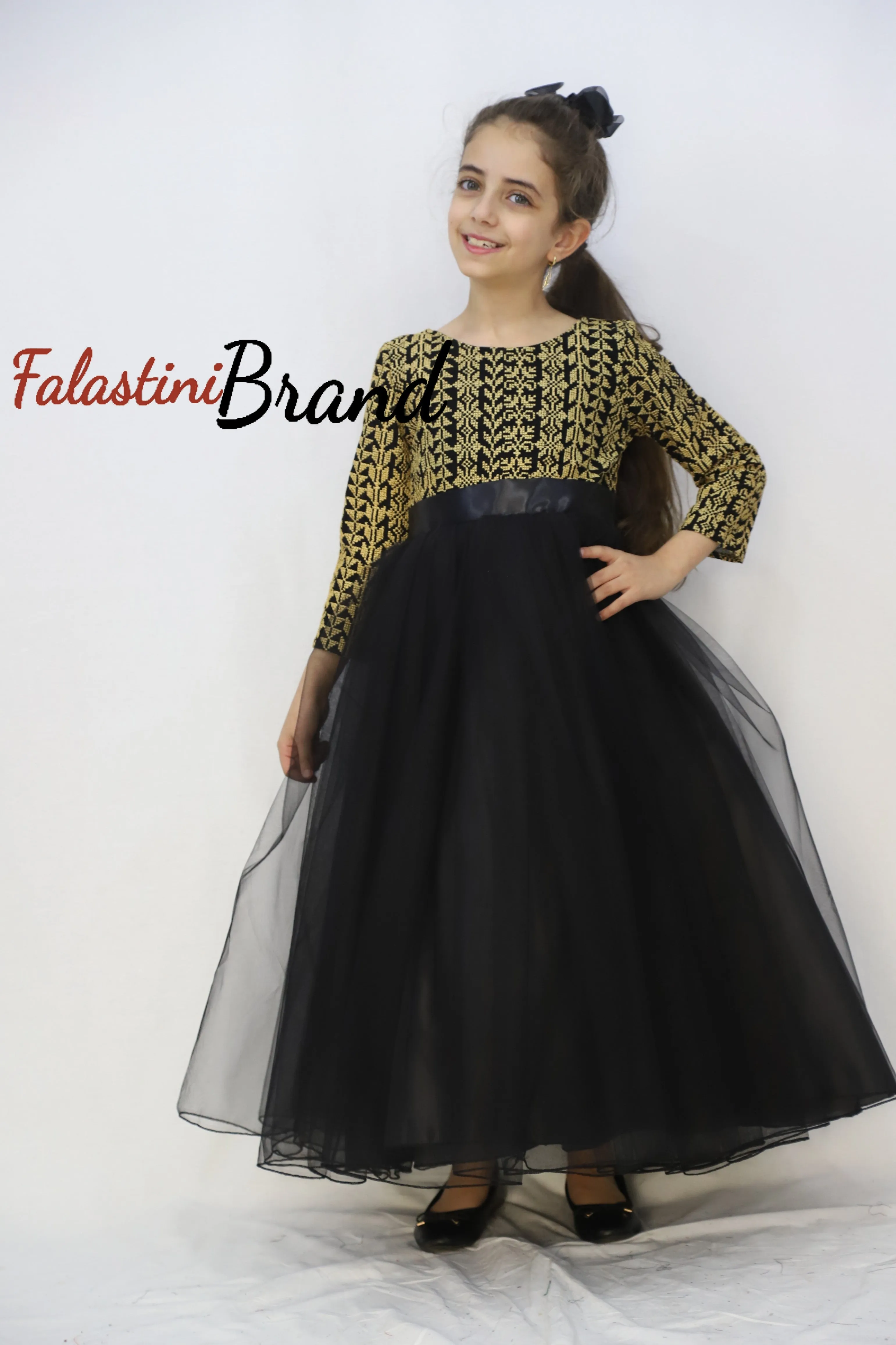 Little Girl Cloche Palestinian Golden Embroidered Black Dress