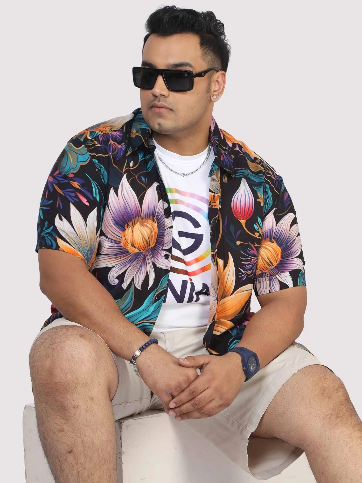 Men Plus Size Blue Floral Digital Printed Half Shirt