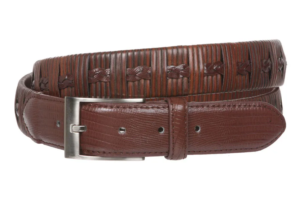 Men's 1 1/4 Inch (34 mm) Embossed Alligator Texture Braided Genuine Leather Dress Belt