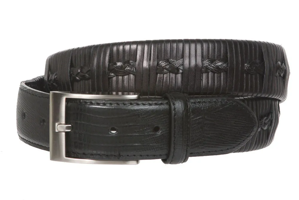 Men's 1 1/4 Inch (34 mm) Embossed Alligator Texture Braided Genuine Leather Dress Belt