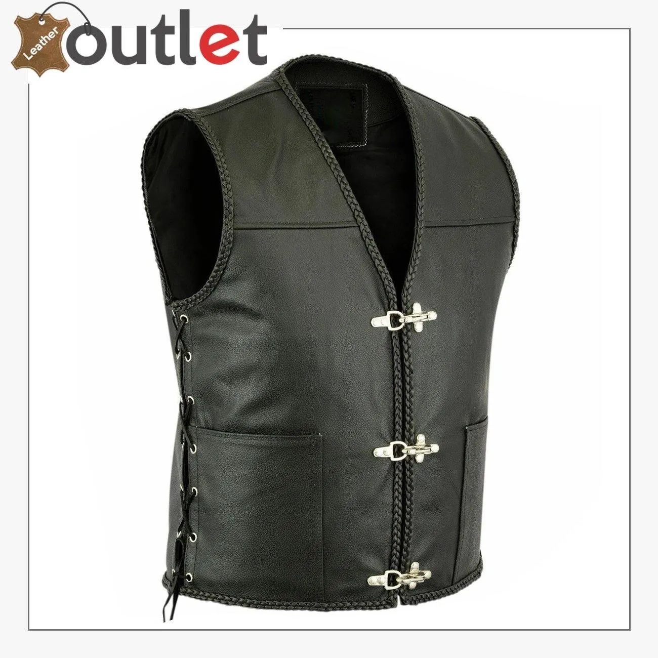 Mens Leather Vest Buckle Motorbike Vest