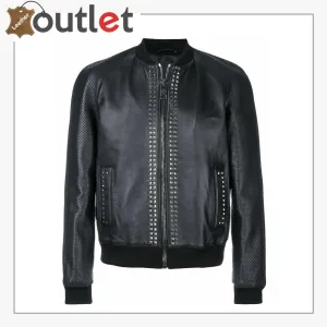 Mens Studded Bomber Biker Motorcycle Retro Cafe Racer Black Leather Jacket