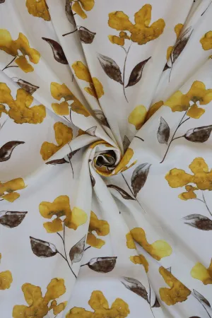 Mustard Floral Pattern Printed Natural Muslin Silk Fabric