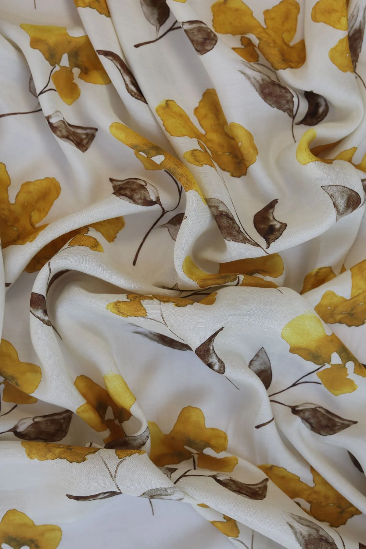 Mustard Floral Pattern Printed Natural Muslin Silk Fabric