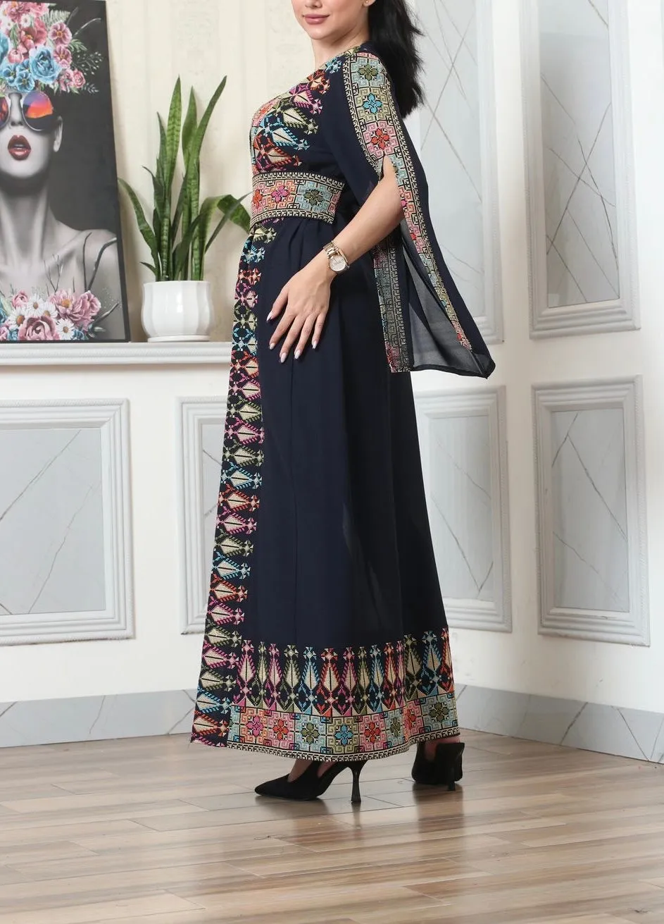 Navy And Colorful Embroidery Chiffon Open Abaya Kaftan Maxi Dress Long Split Sleeve