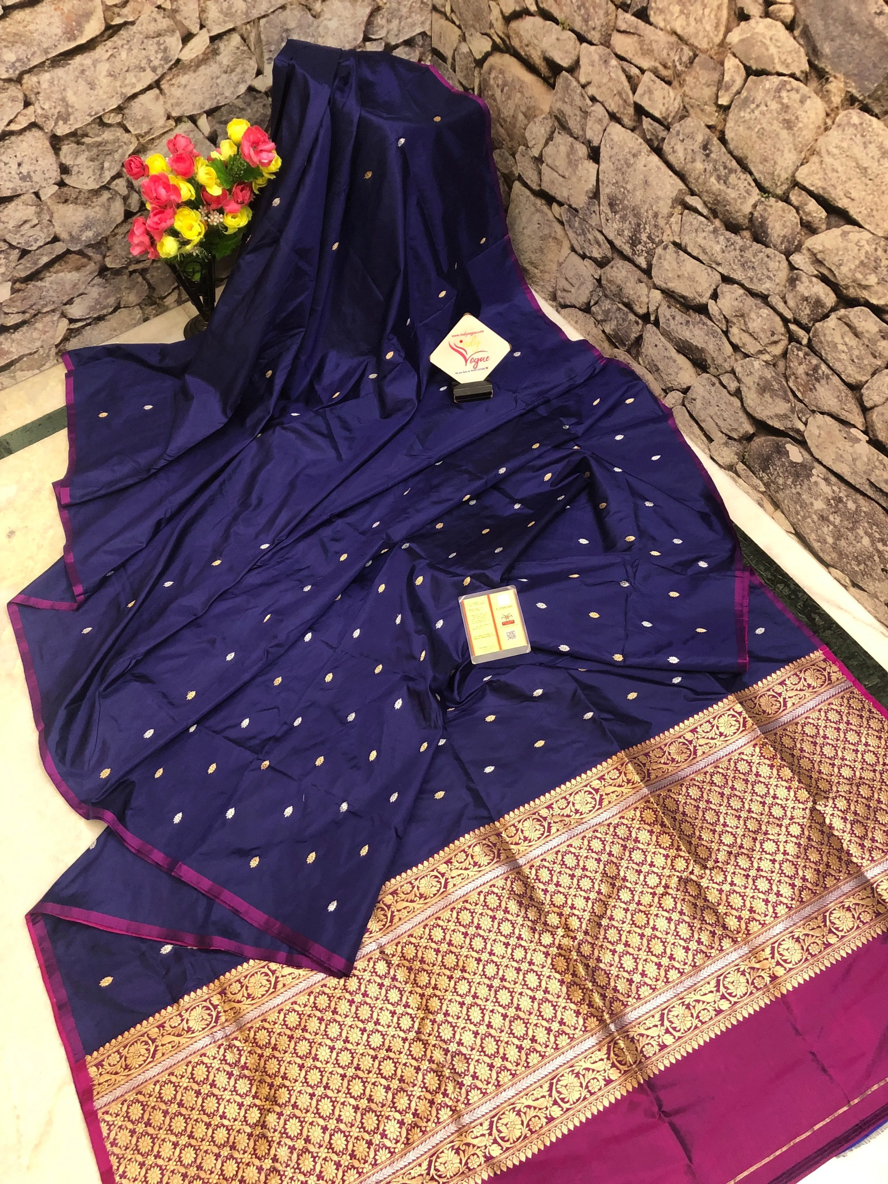 Navy Blue Color Pure Katan Banarasi Saree