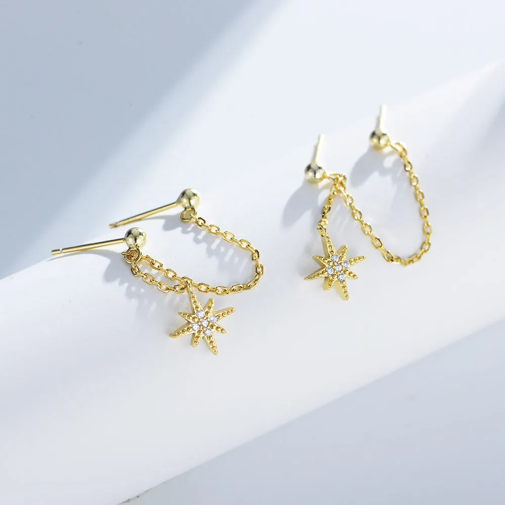 Octagonal Star Double Pierced Silver Chain Earrings for Women