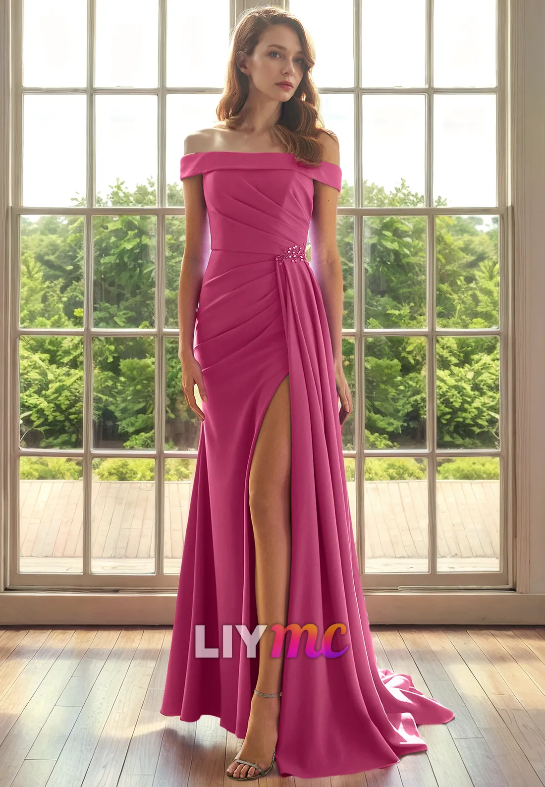 Off-Shoulder Strapless Ruched High Slit Long Mother of Bride Dress Cocktail Dress