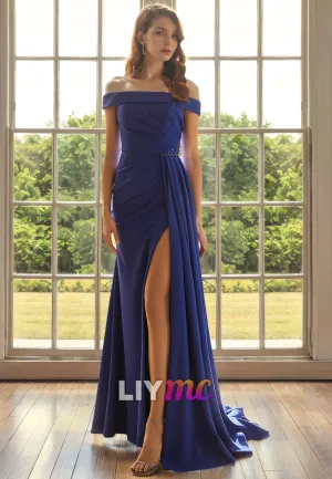 Off-Shoulder Strapless Ruched High Slit Long Mother of Bride Dress Cocktail Dress