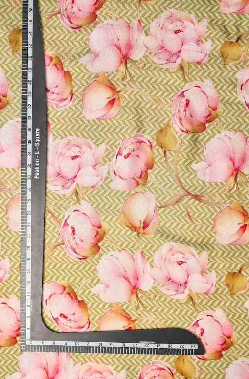 Pastel Color Rose With Zig Zag Background Pattern Printed Natural Muslin Silk Fabric