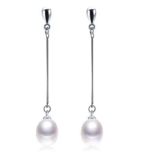 Pure White Freshwater Pearl Sterling Silver Bar Drop Earrings